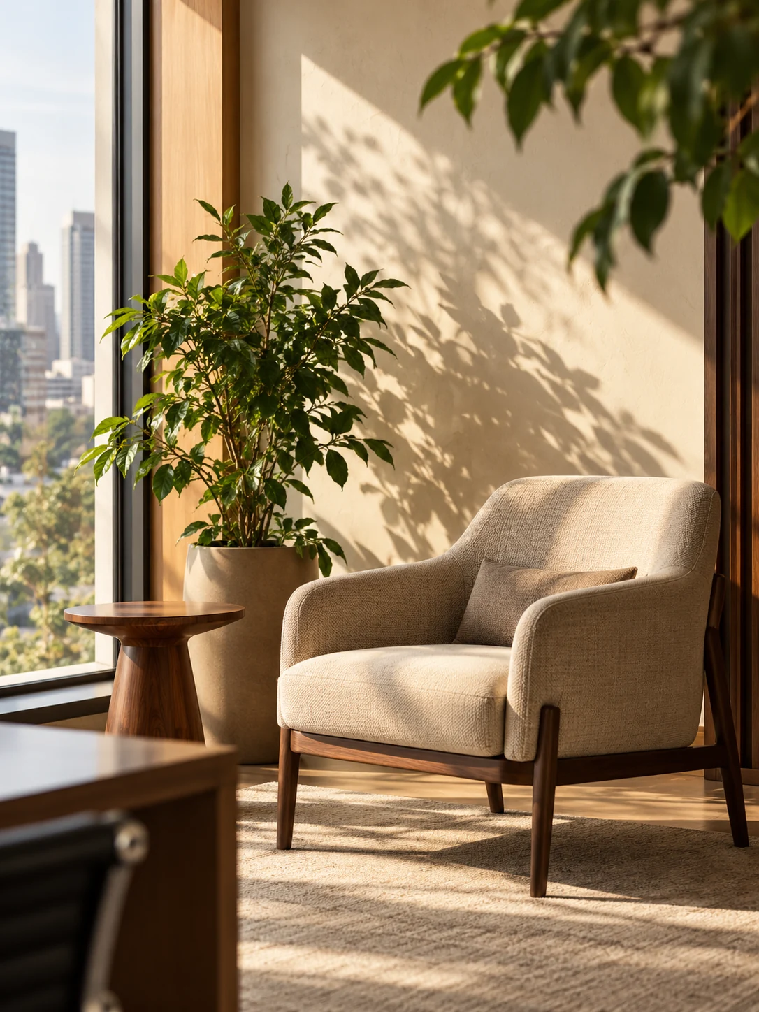 Sunlight, green plants and a comfortable chair in a quiet office corner